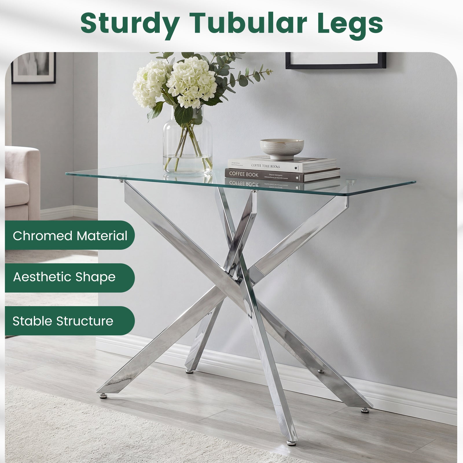 Modern Glass Console Table, Clear Tempered Glass Top, Silver Console Tables at Gallery Canada