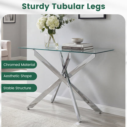 Modern Glass Console Table, Clear Tempered Glass Top, Silver Console Tables at Gallery Canada
