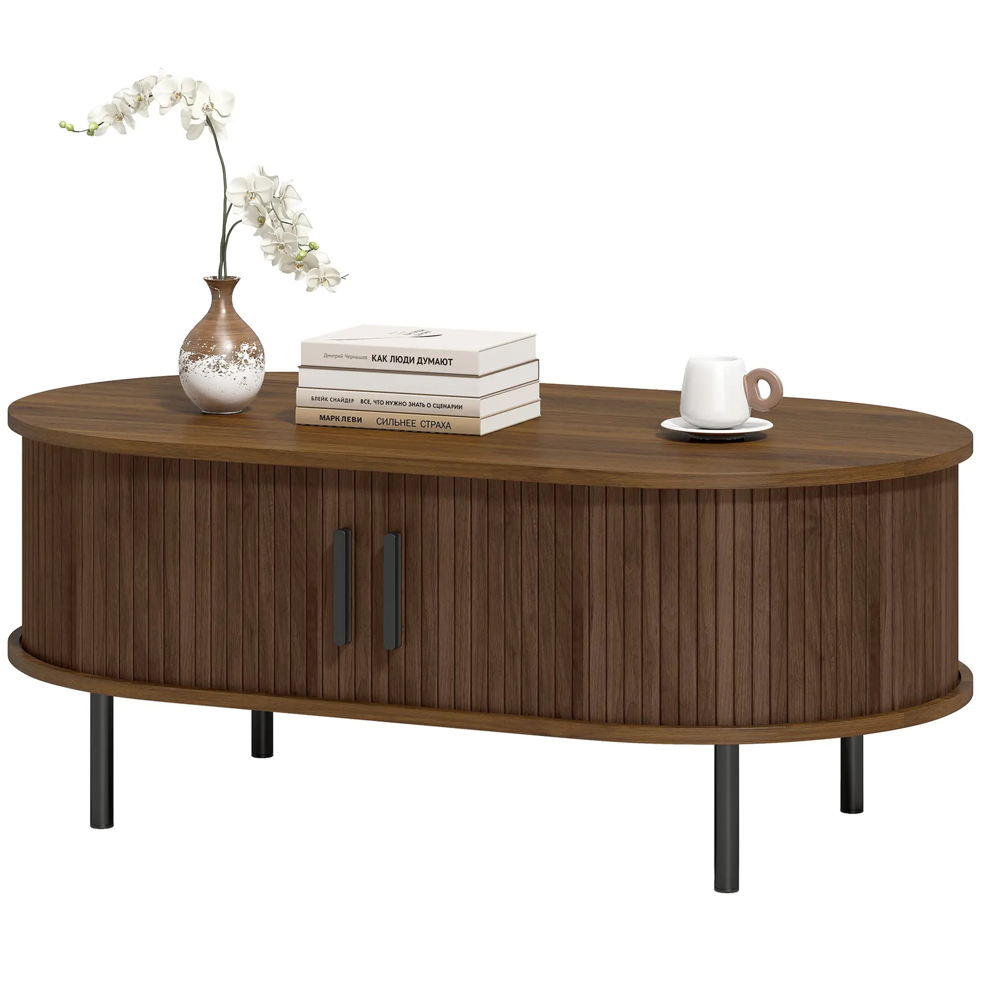 Coffee Table with Sliding Tambour Doors and Storage Center Table with Metal Legs, 39