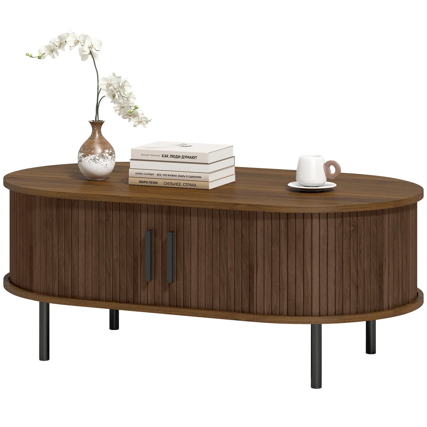 Coffee Table with Sliding Tambour Doors and Storage Center Table with Metal Legs, 39", Brown Coffee Tables Brown, Black at Gallery Canada