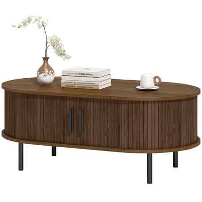 Coffee Table with Sliding Tambour Doors and Storage Center Table with Metal Legs, 39", Brown Coffee Tables Brown, Black at Gallery Canada