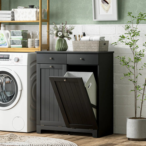 Laundry Cabinet, Tilt Out Hamper with 2 Baskets, 2 Drawers, Black