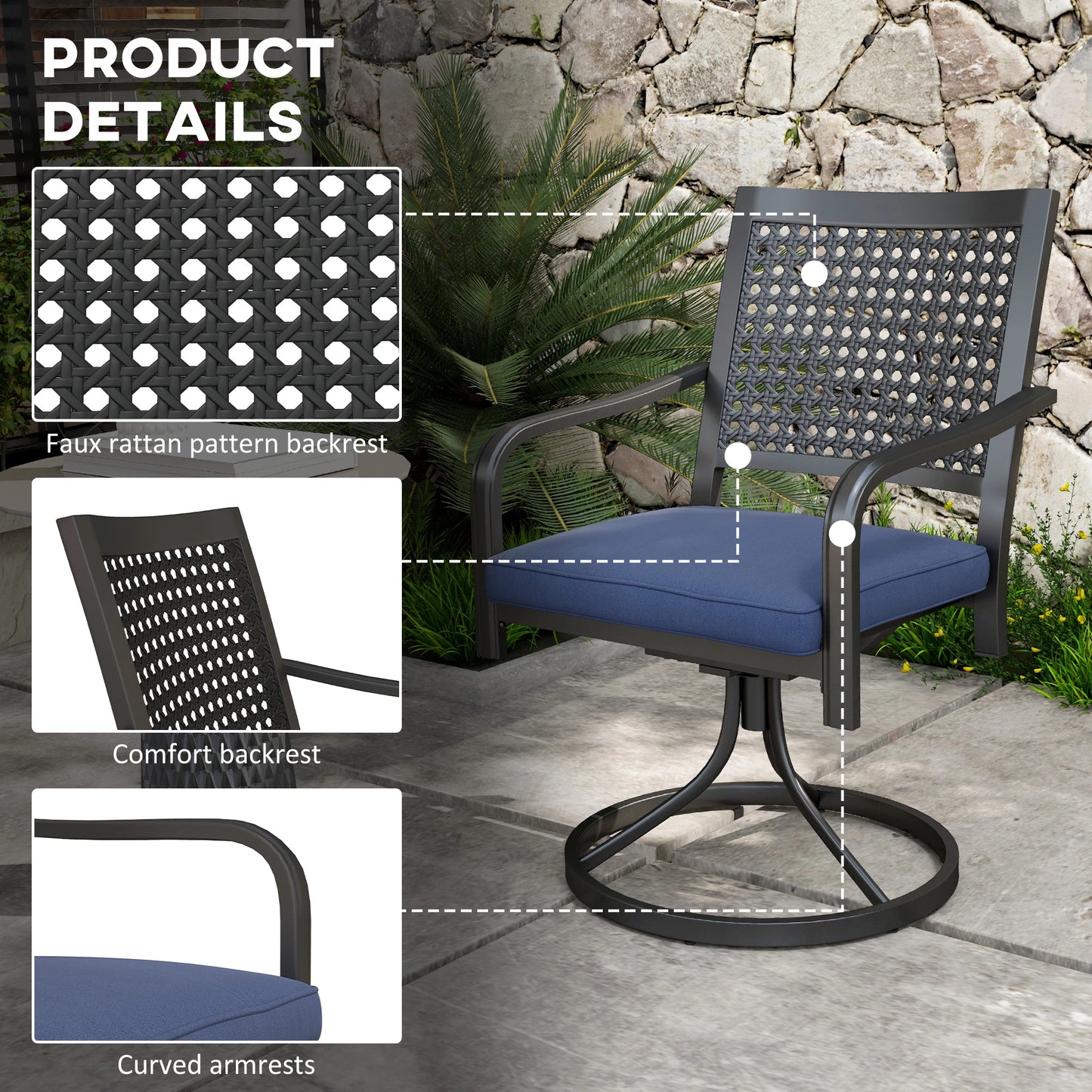 2 Patio Swivel Chairs with Cushion, Outdoor Rocker, Navy Blue Bistro Sets at Gallery Canada