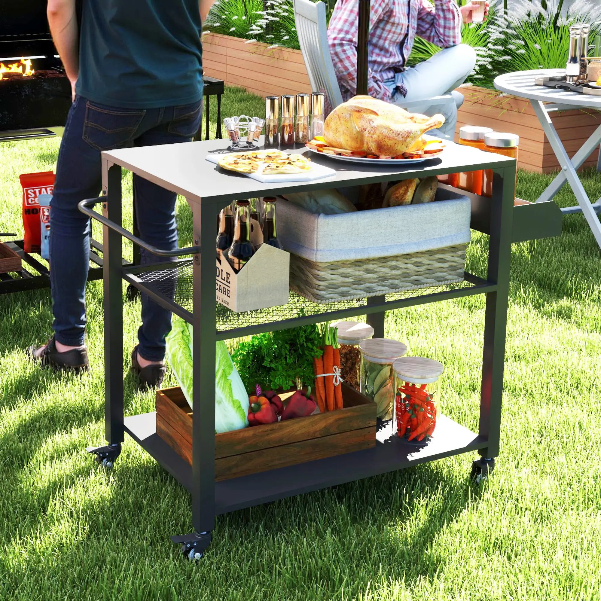 3-Tier Outdoor Grill Cart, Pizza Oven Stand, Storage Rack, 4 Wheels Outdoor Grill Carts at Gallery Canada