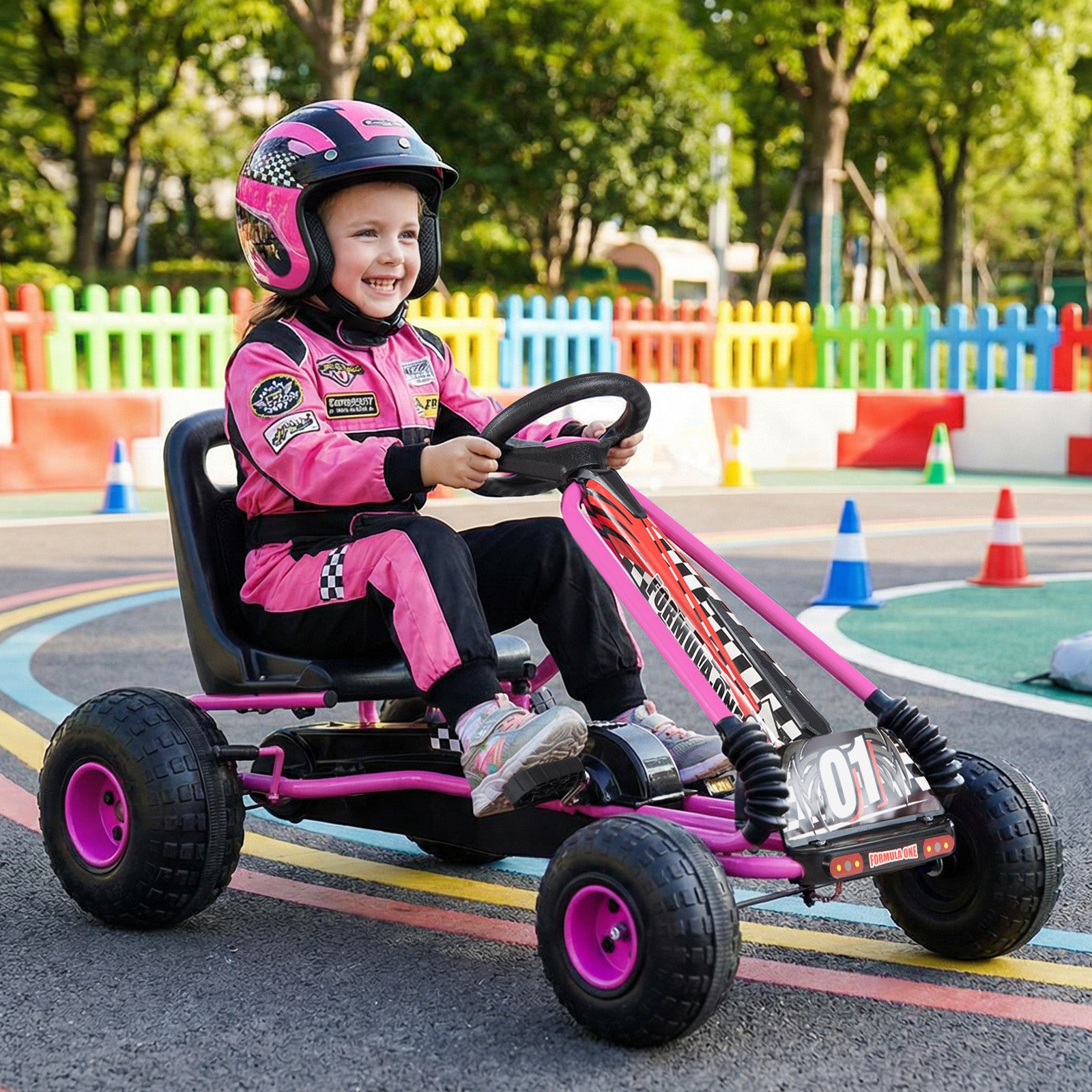 Go Kart for Kids 4 Wheels Pedal with Adjustable Seat and Multi-Terrain Wheels, Pink Push & Pedal Ride On Toys at Gallery Canada