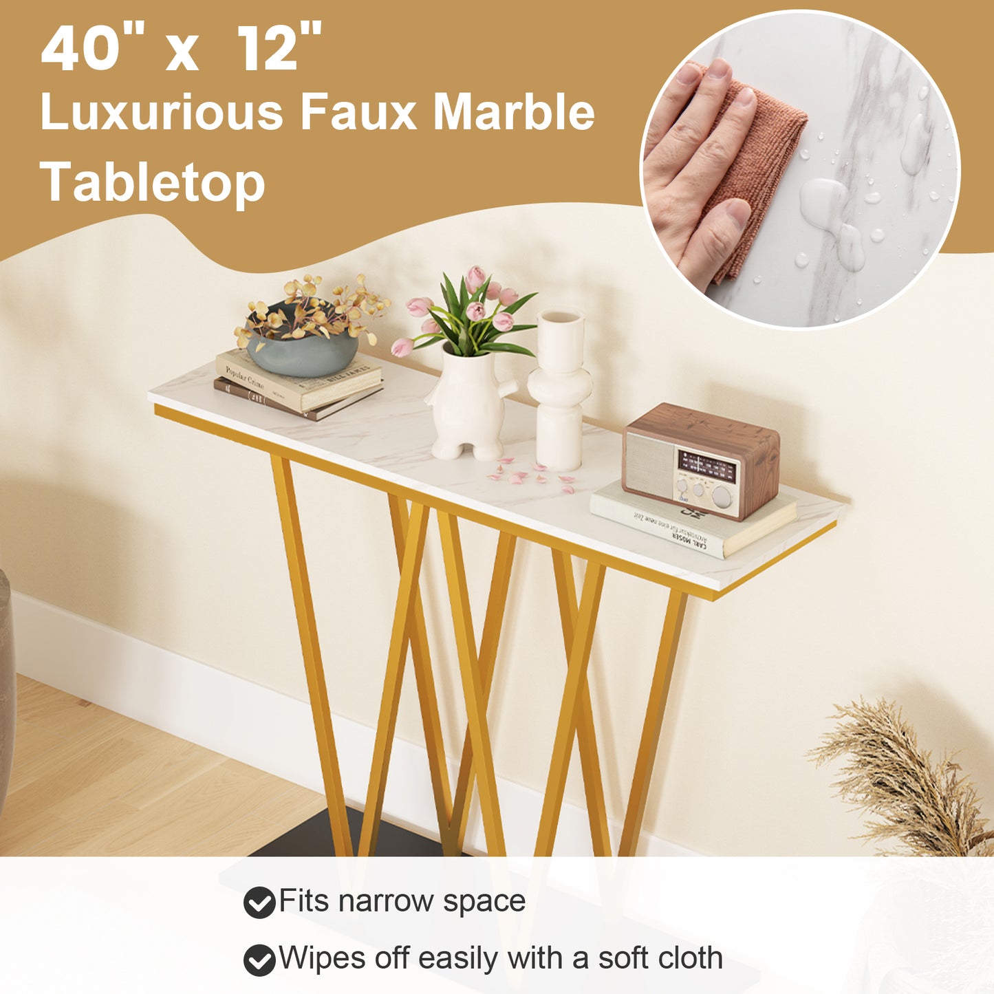 Gold Entryway Table 40 Inch Modern Console Table with Faux Marble Table and Metal Frame, White Console Tables at Gallery Canada