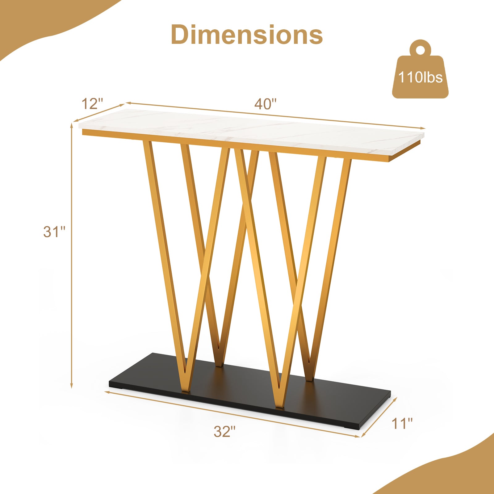 Gold Entryway Table 40 Inch Modern Console Table with Faux Marble Table and Metal Frame, White Console Tables at Gallery Canada