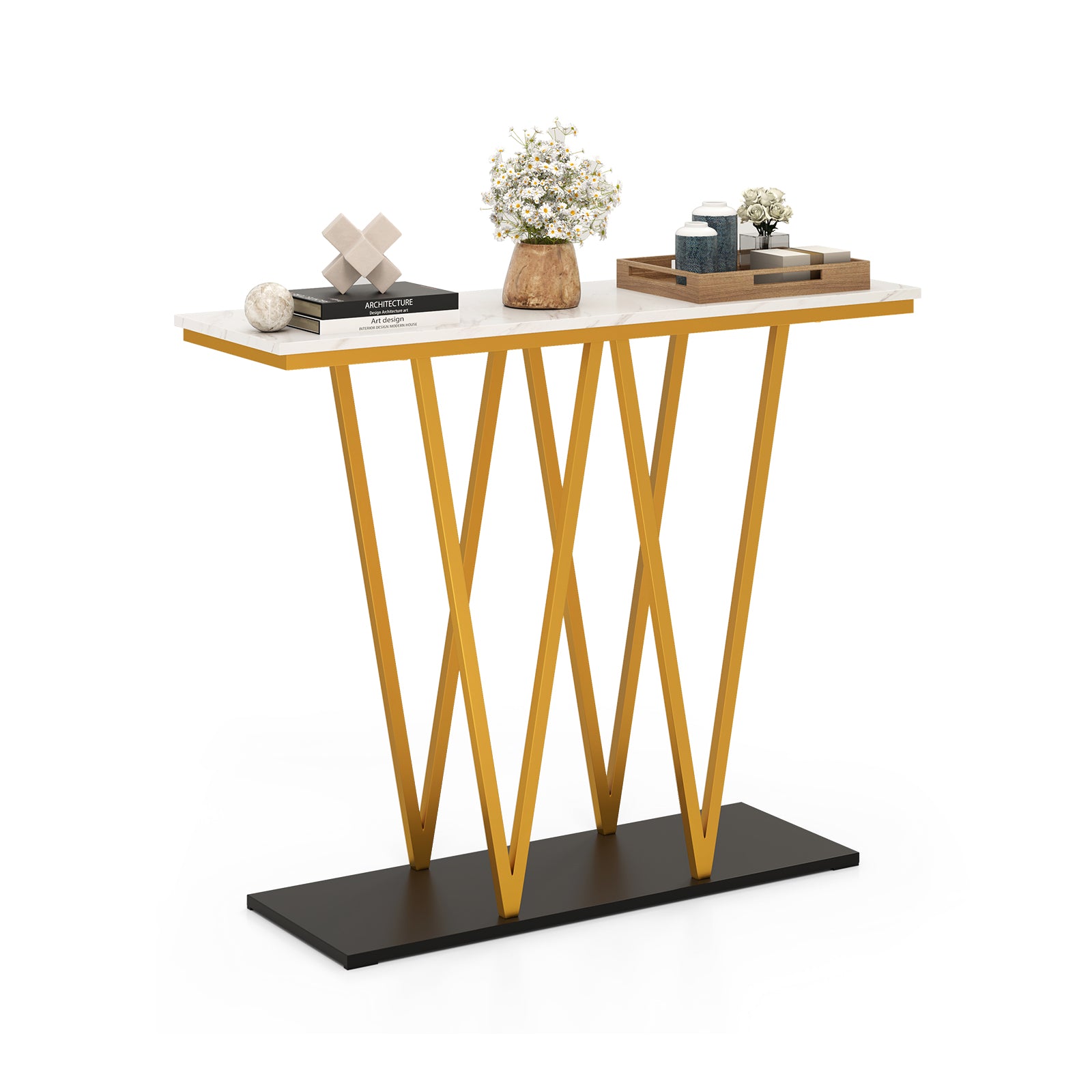 Gold Entryway Table 40 Inch Modern Console Table with Faux Marble Table and Metal Frame, White Console Tables at Gallery Canada