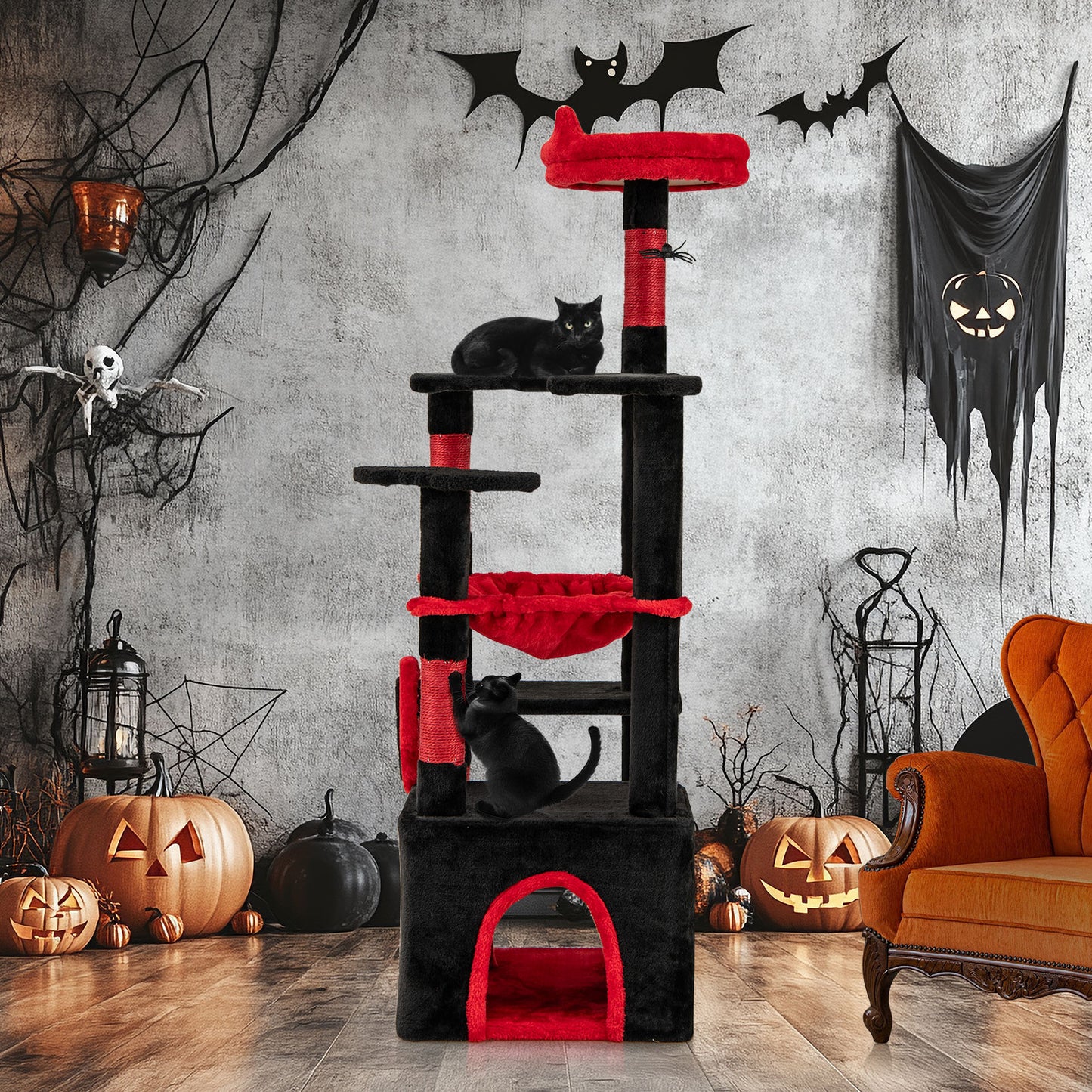 Gothic Cat Tree With Plush Perch, Spider Dangling Toy, Red, Black Cat Trees Condos & Scratchers at Gallery Canada