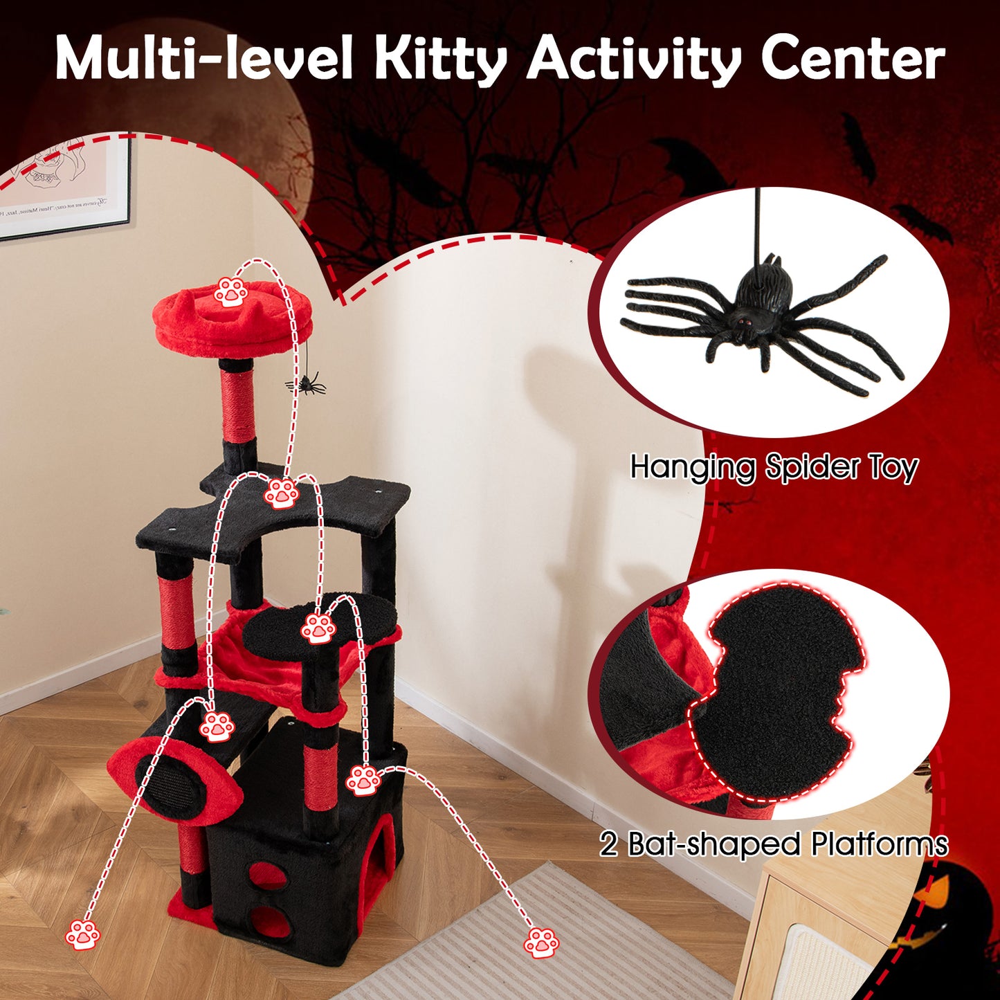 Gothic Cat Tree With Plush Perch, Spider Dangling Toy, Red, Black Cat Trees Condos & Scratchers at Gallery Canada