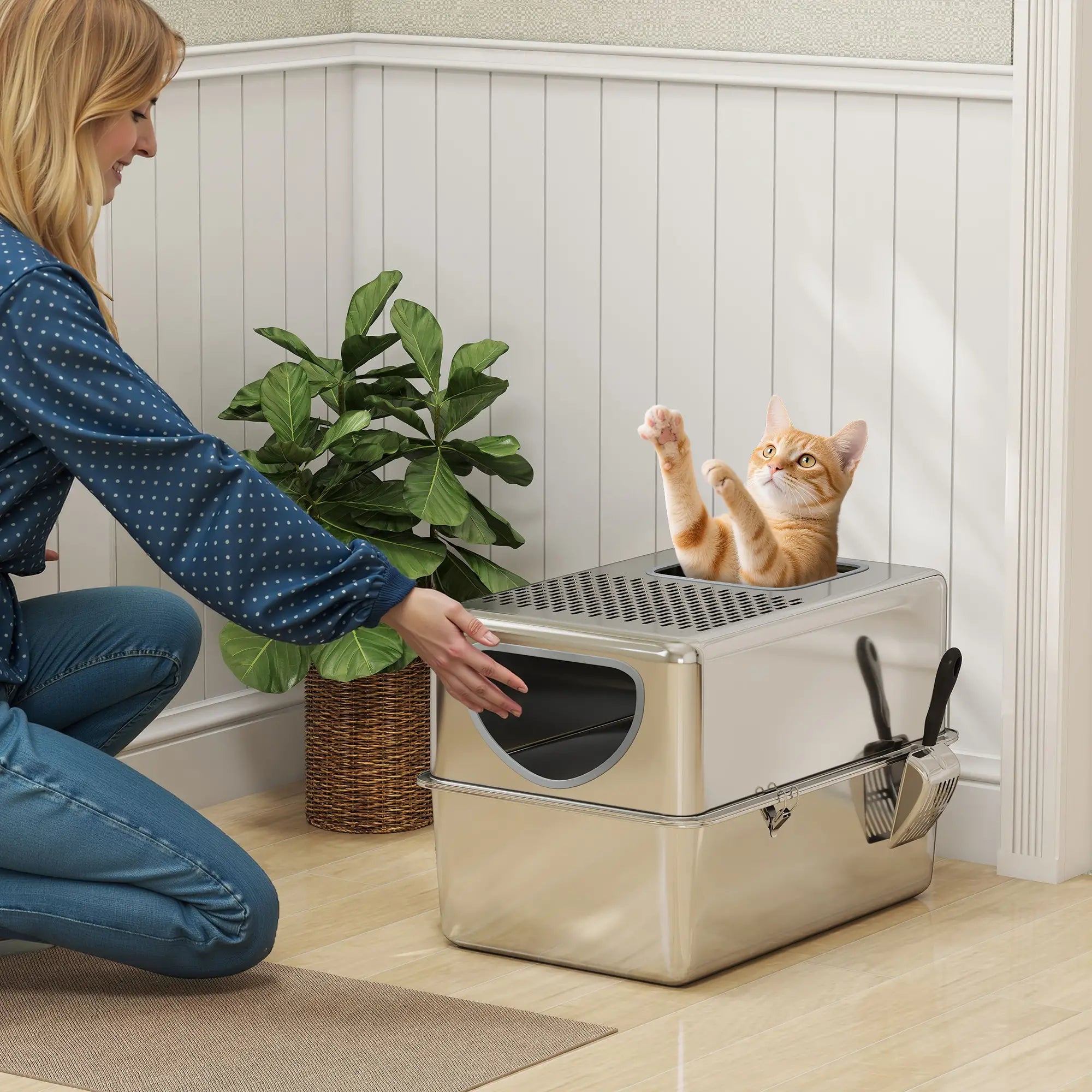 Stainless Steel Cat Litter Box, Extra Large Enclosed With Lid, Silver Cat Litter Box Enclosures at Gallery Canada