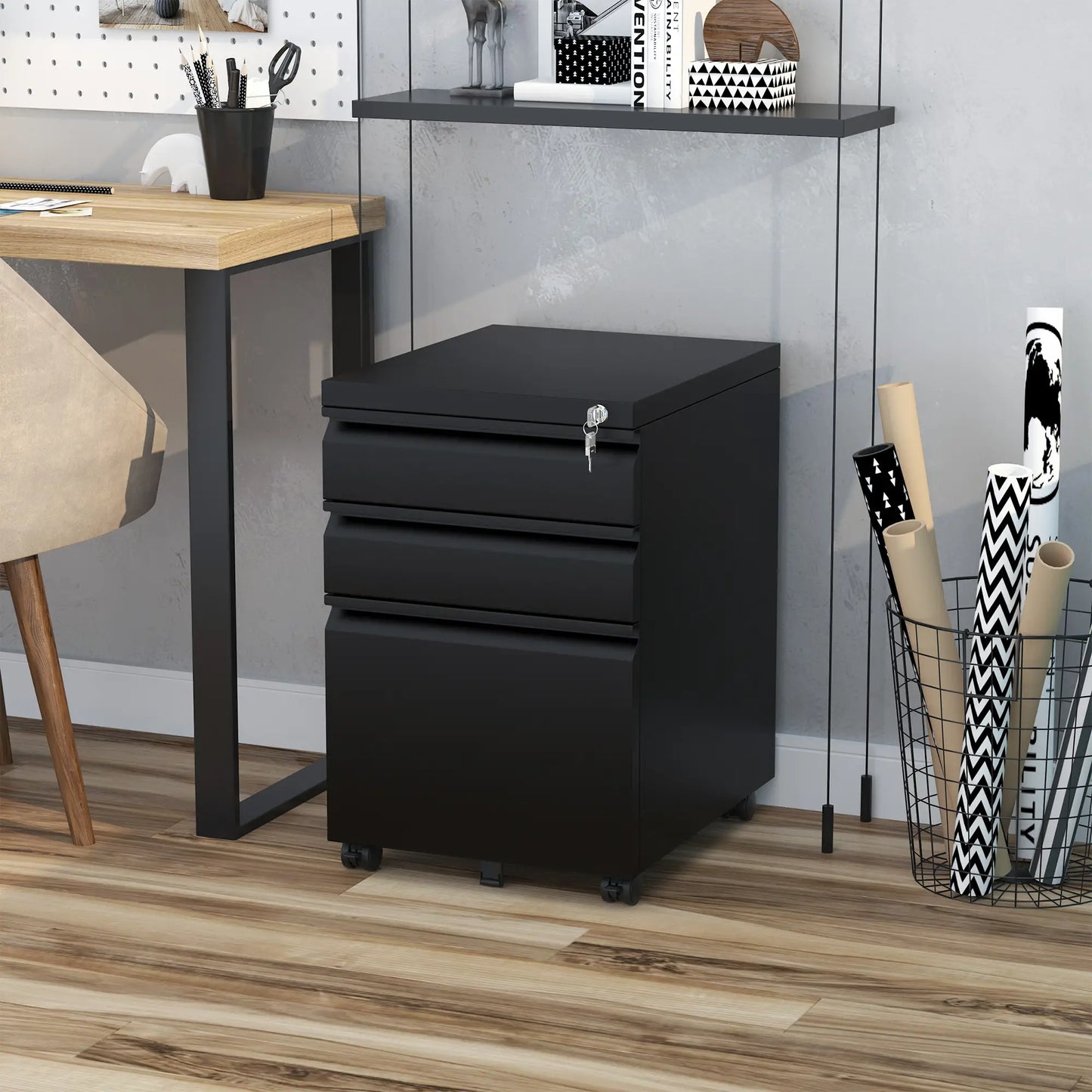 3 Drawer Lockable Filing Cabinet on Wheels, Legal Letter A4, Black Office Cabinets & Cupboards at Gallery Canada