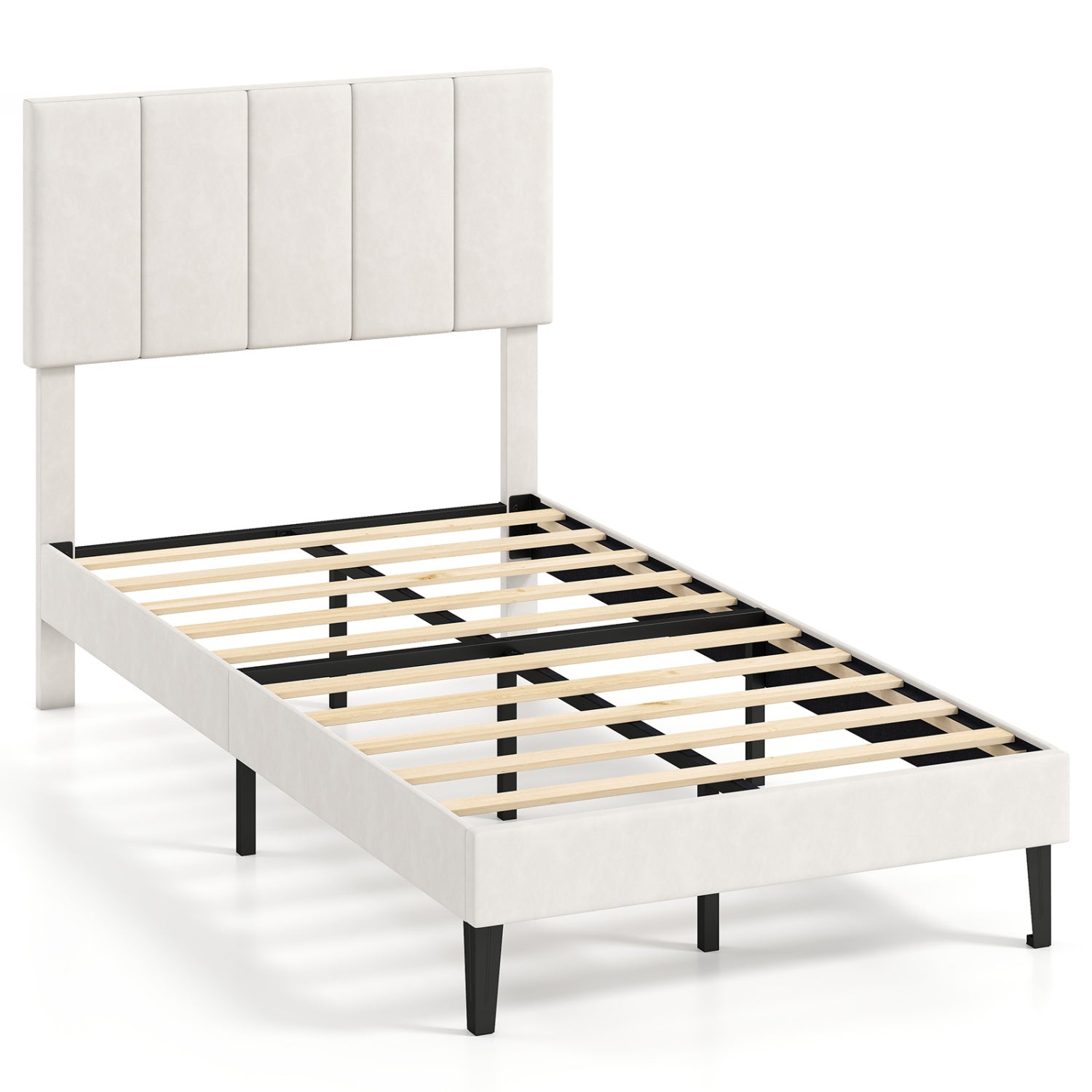 Gray Linen Upholstered Platform Bed with Height Adjustable Vertical Channel Headboard-Twin Size Simple Bed Frame at Gallery Canada