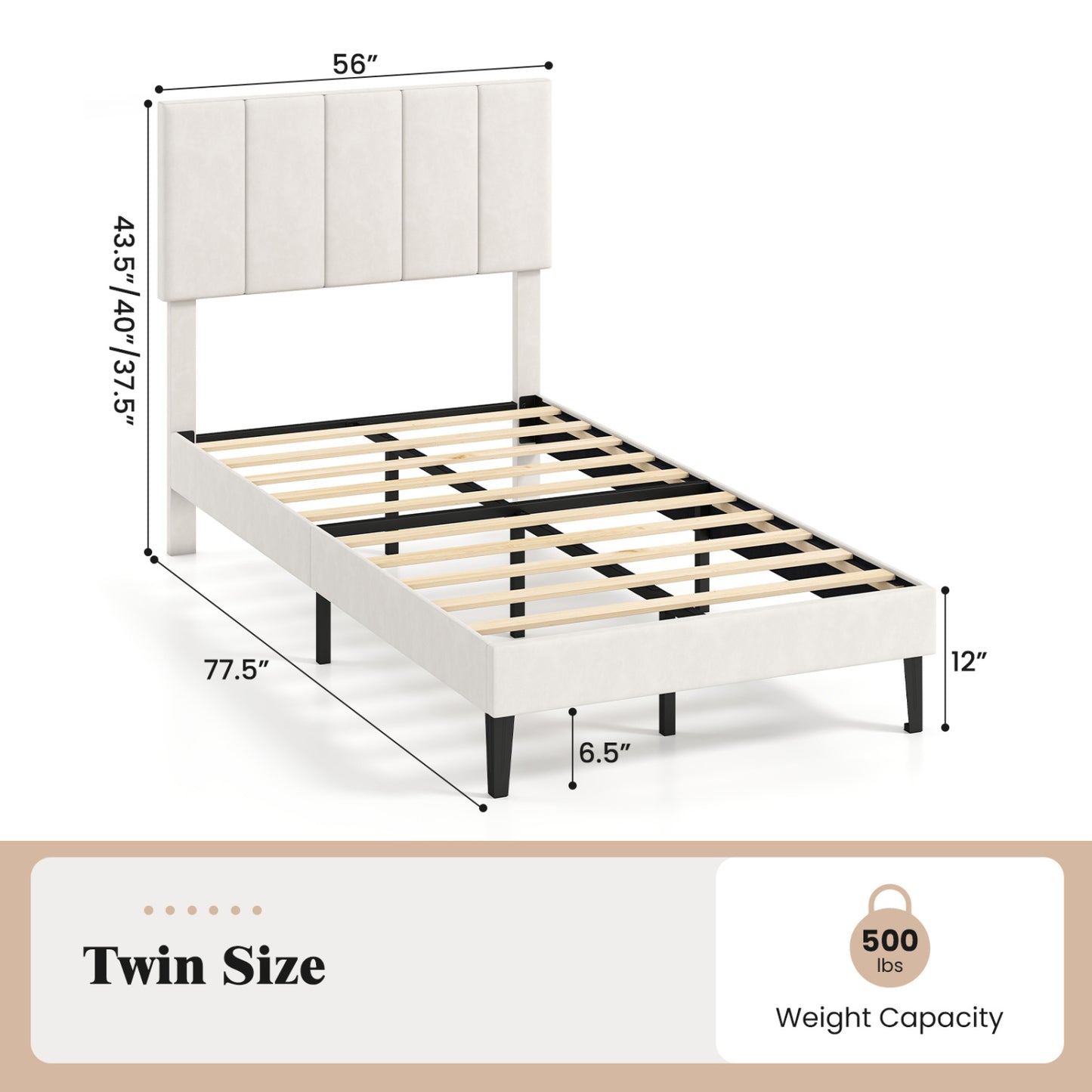 Gray Linen Upholstered Platform Bed with Height Adjustable Vertical Channel Headboard-Twin Size Simple Bed Frame at Gallery Canada