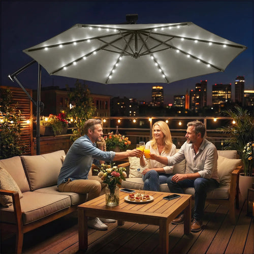 9.7 ft Cantilever Patio Umbrella, Solar Light, Tilt Crank, Grey