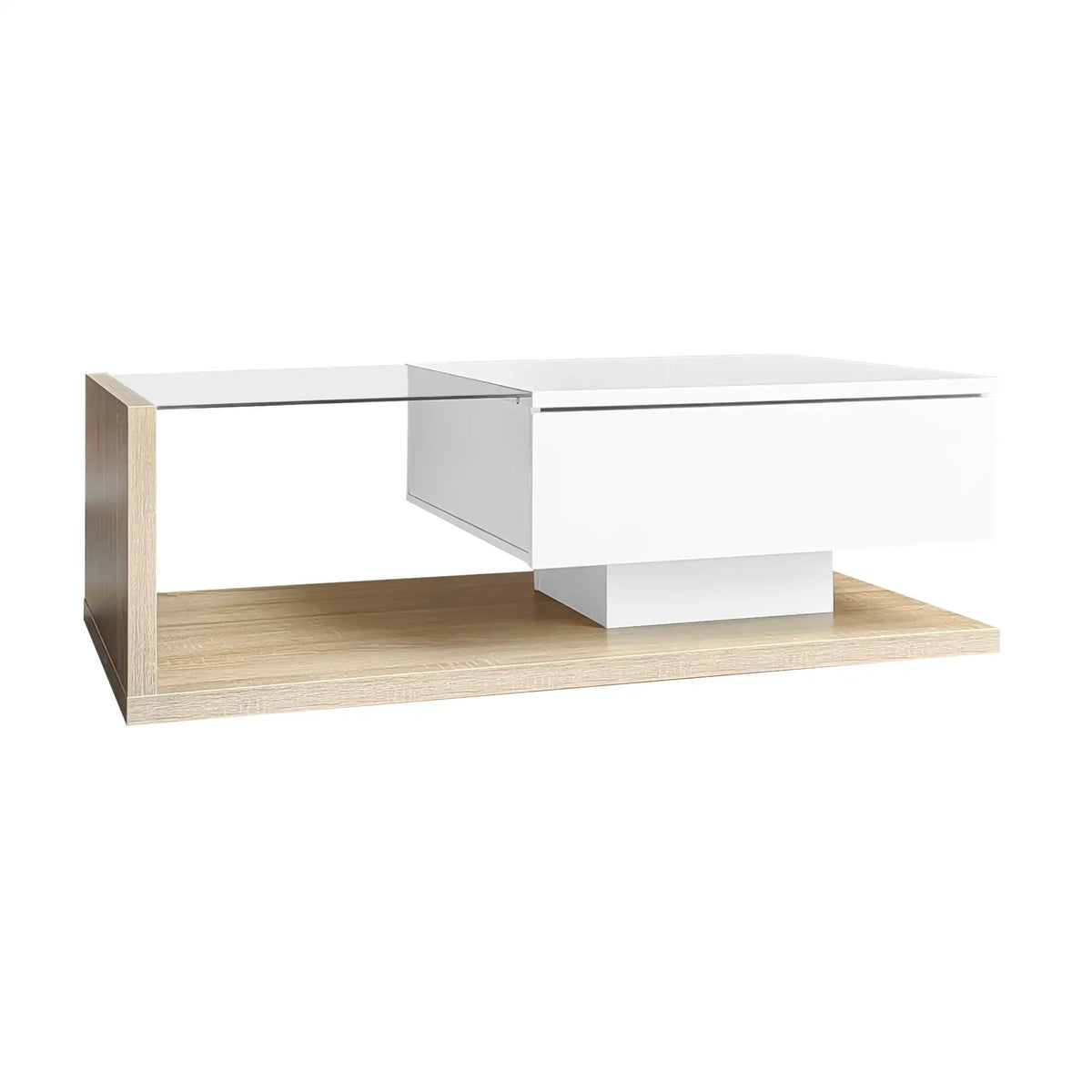Modern Coffee Table, Glass LED Effect, Storage, 41.5" L x 21.5" W x 12.5" H, White+Wood, White, Wood Coffee Tables at Gallery Canada