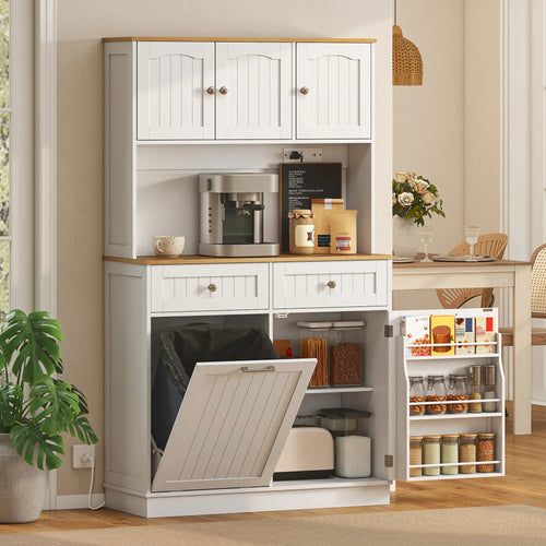 68 Inch Pantry Cabinet with Charging Station, Microwave Stand, Trash Can, White