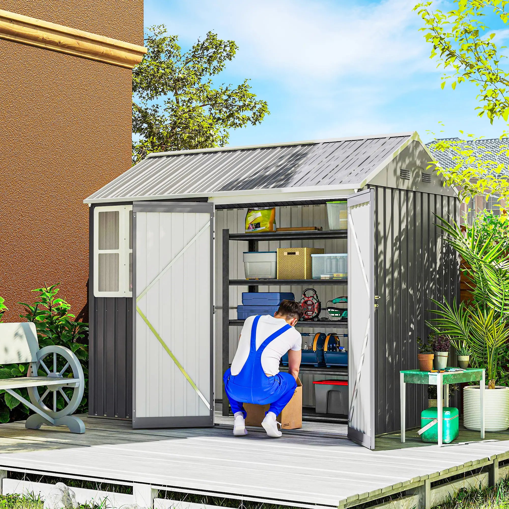 8.5' x 5.5' Metal Garden Shed, Outdoor Storage, Lockable Door, Light Grey Sheds at Gallery Canada