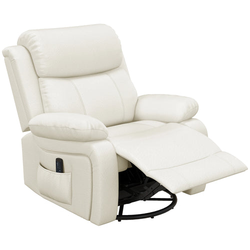 PU Leather Recliner Chair, Vibration Massage, Swivel Rocking, Remote, Cream White