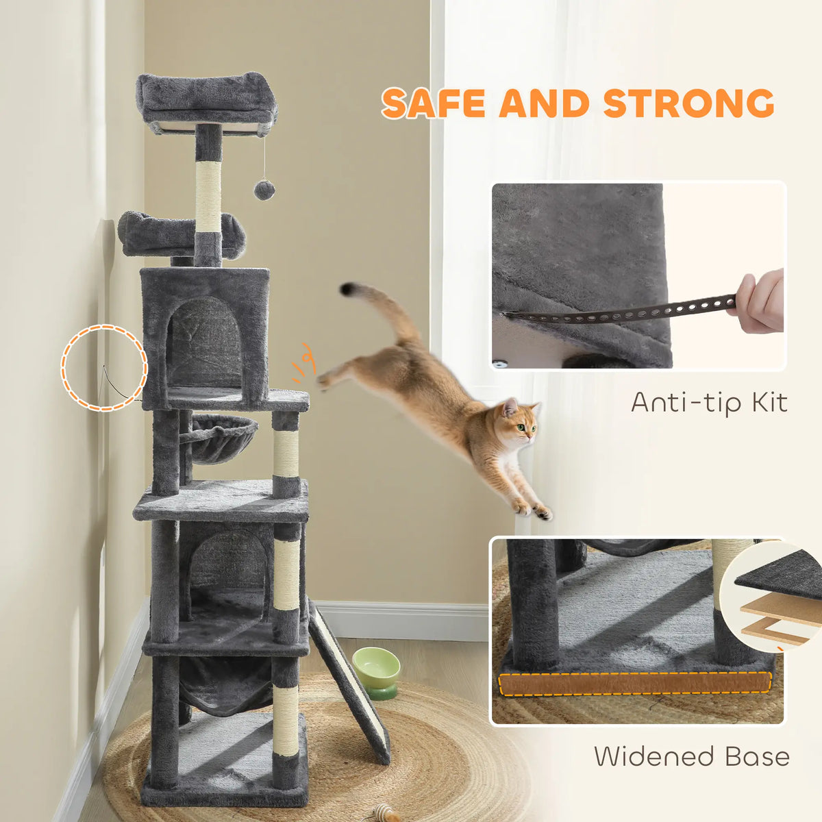 Cat Tree, 70 Inch Multi-Level Tower with Condos, Perches, Hammock, Dark Grey Cat Towers at Gallery Canada