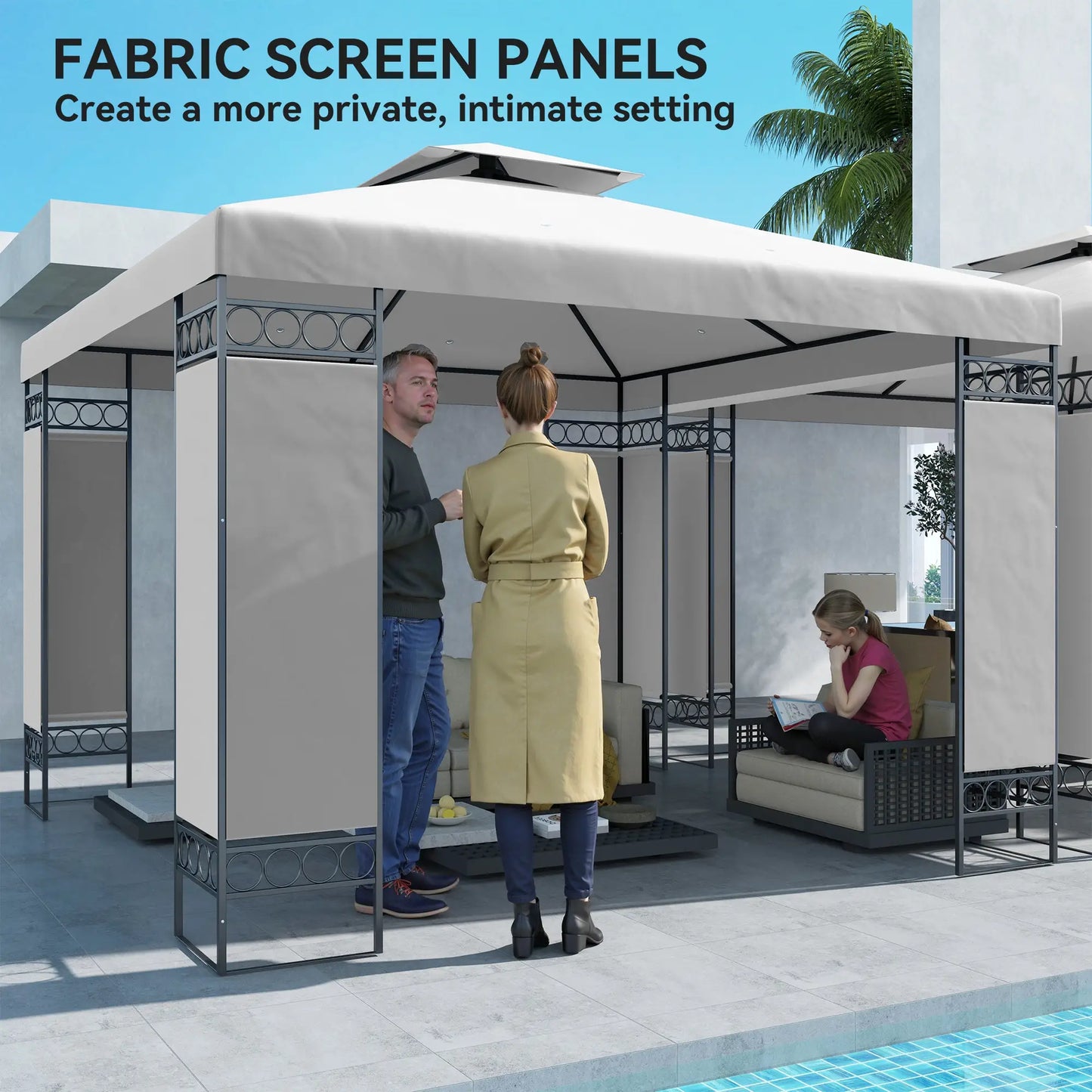 10x10 FT Canopy Gazebo, Double Roof With Screen Panels, Light Grey Gazebos at Gallery Canada
