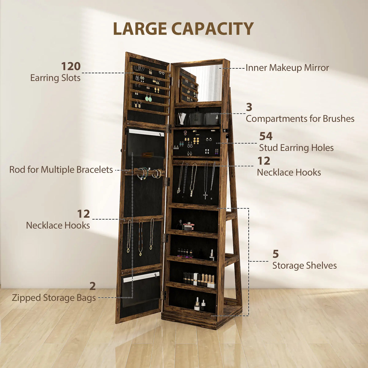 360° Swivel Jewelry Armoire, Lockable Mirror Cabinet, Rustic Brown Jewelry Armoire & Jewellery Mirror Cabinets at Gallery Canada