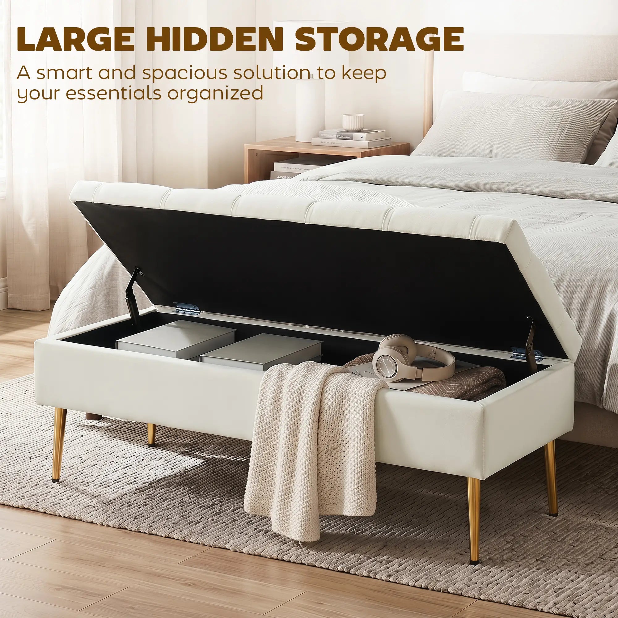 Upholstered Bedroom Bench with Gold Tone Metal Legs, Velvet Tufted and Thick Padding, Beige Storage Ottomans & Benches at Gallery Canada