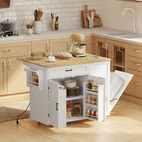 Portable Kitchen Island Cart, Rubber Wood Drop Leaf, Trash Storage, White