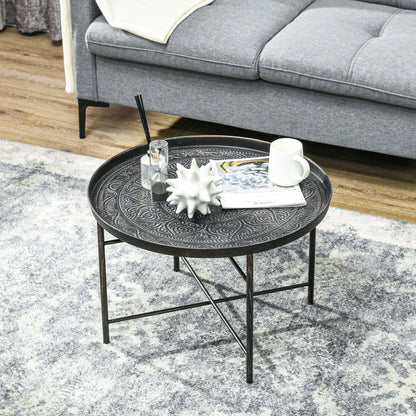 Vintage Coffee Table, 24" Round, Hammered Tray Top, Metal Frame, Pewter Coffee Tables at Gallery Canada
