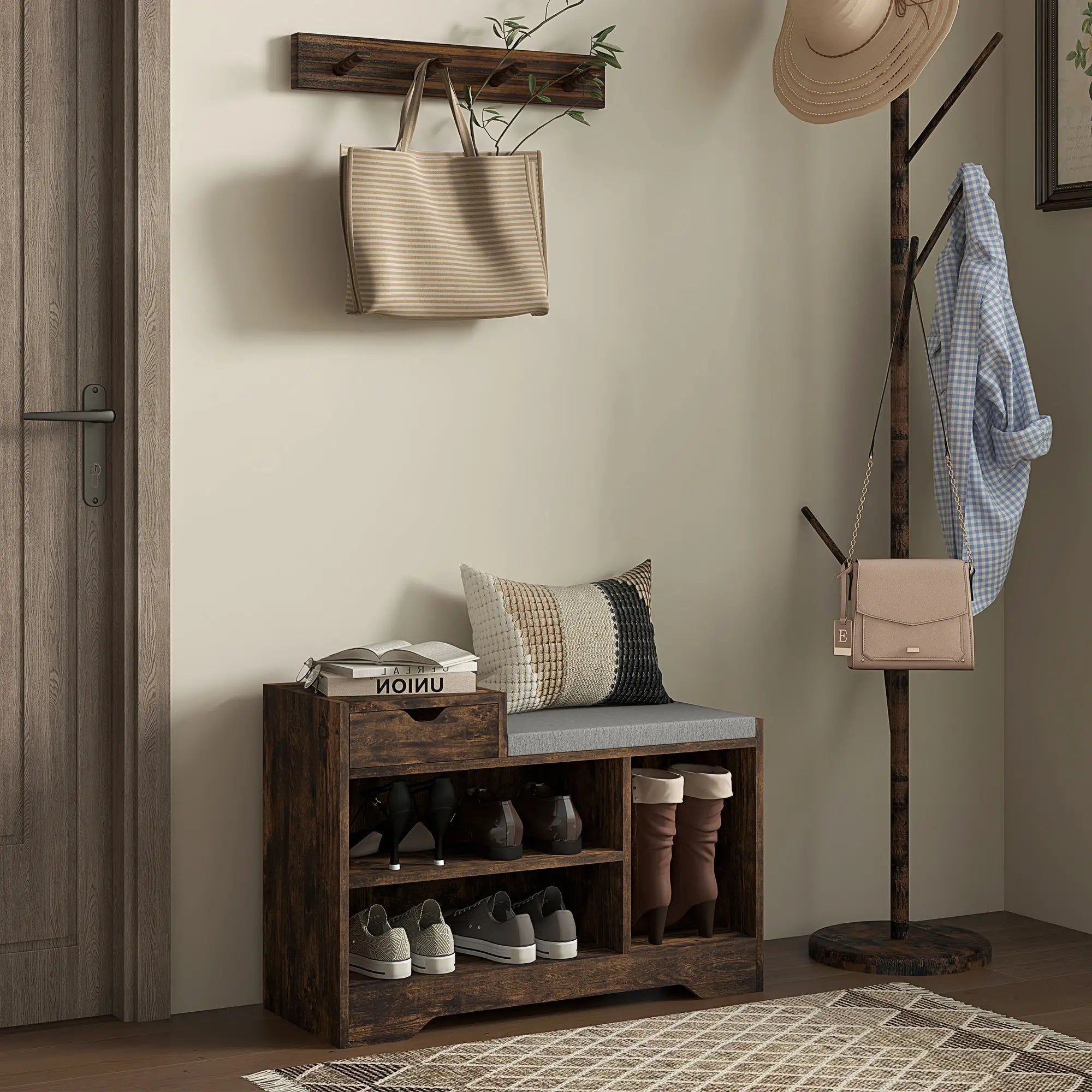 Upholstered Shoe Storage Bench, Seat, Drawer, 3 Shelves, Brown Shoe Storage Cabinets & Racks at Gallery Canada