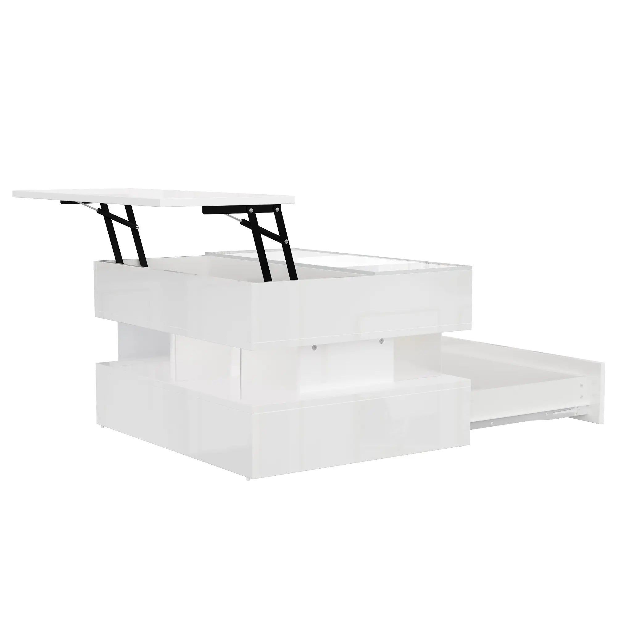 Glass Top LED Coffee Table, Storage Drawer, Adjustable Height, 26
