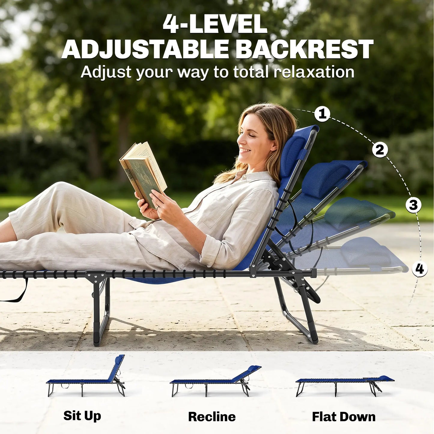 Outdoor Folding Lounge Chair, 4-Level Adjustable, Navy Blue Lounger Chairs at Gallery Canada