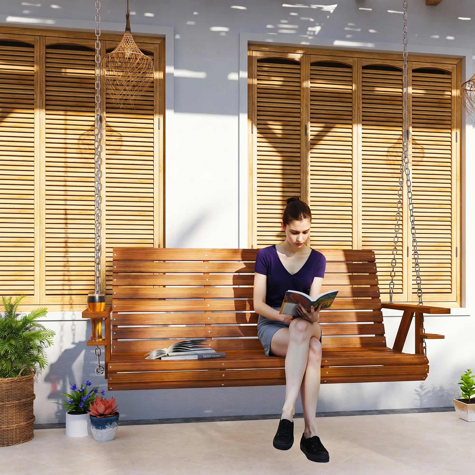 Carbonized Wooden 3-Seater Swing Bench with Cupholders Hanging Porch Swings at Gallery Canada