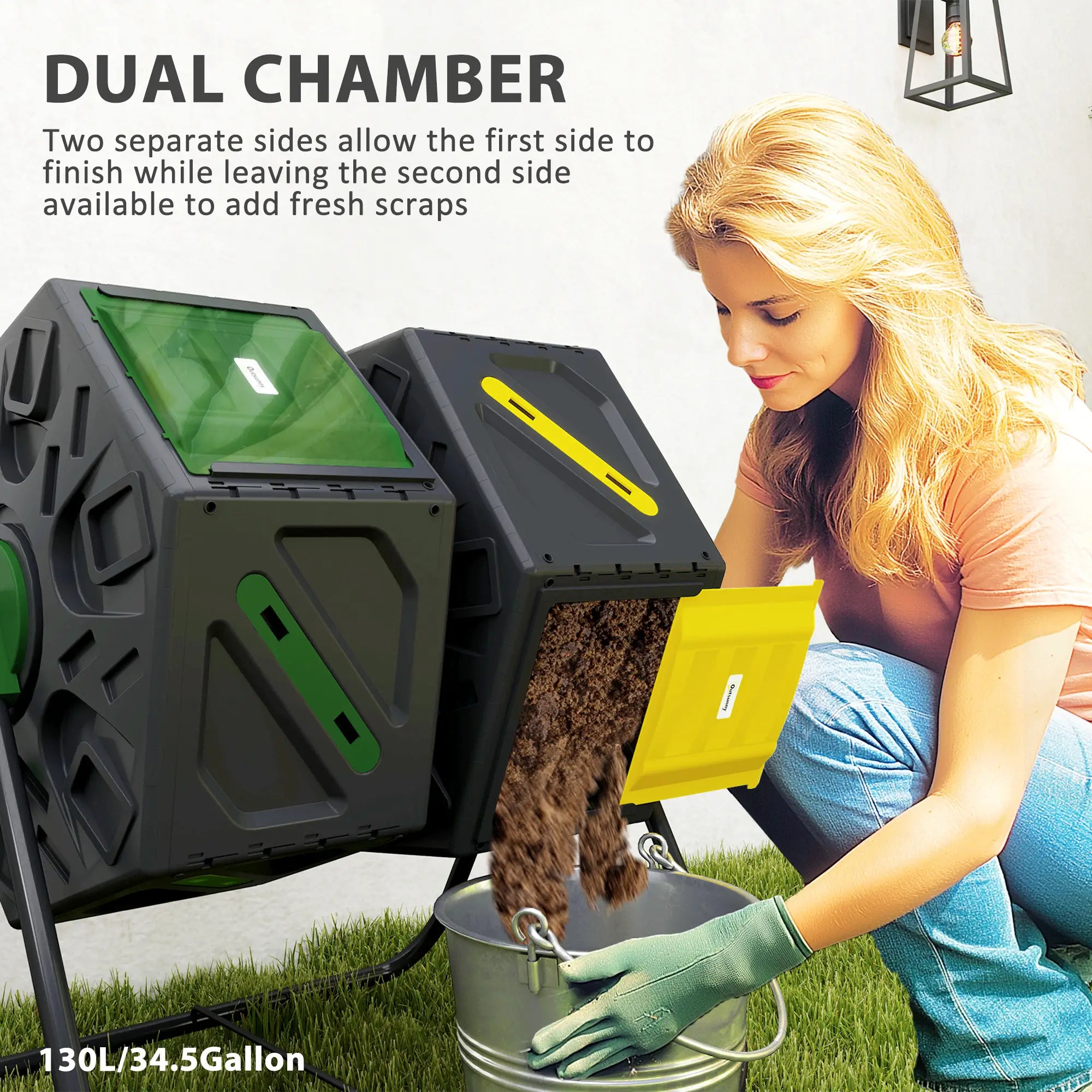 Rotating Composter, Dual Chamber, 34.5 Gallon, Yellow and Green Garden Accessories at Gallery Canada