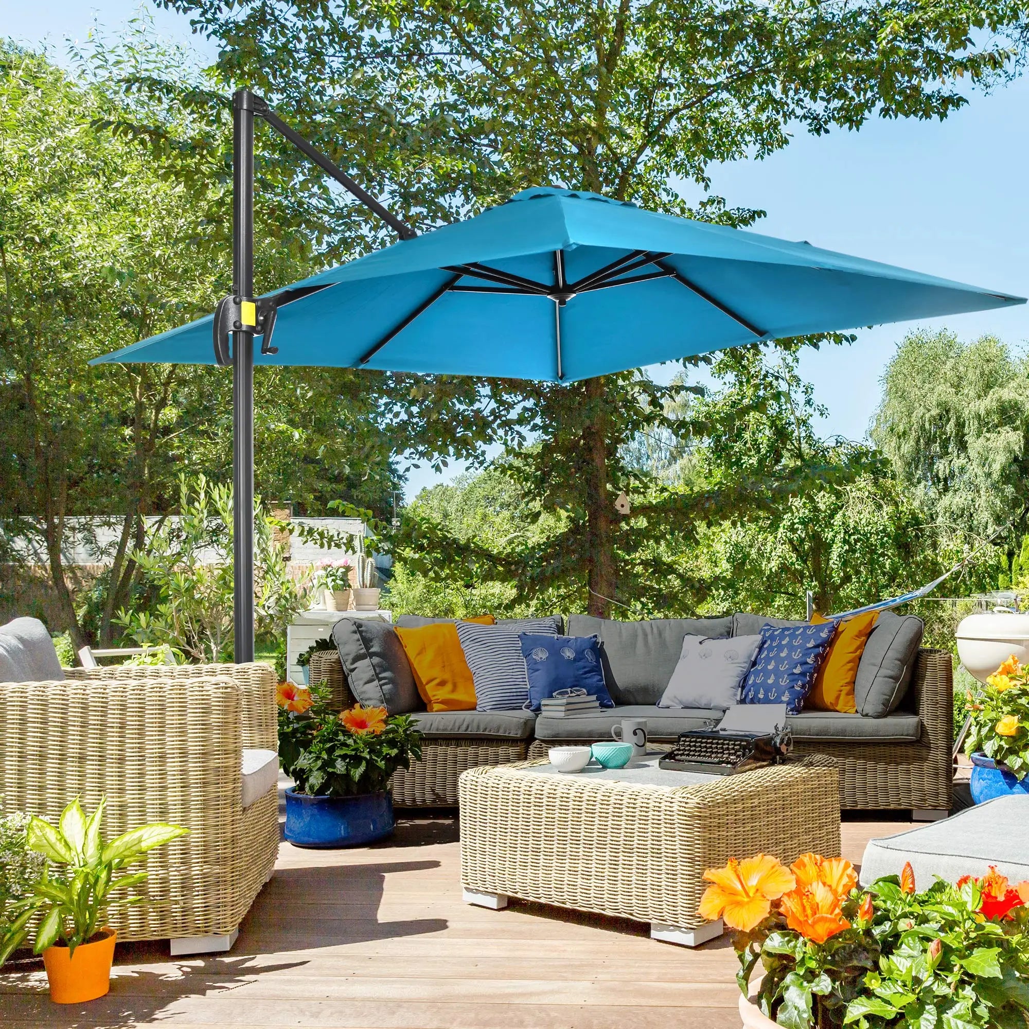8' x 8' Square Patio Umbrella, 360° Rotation, Aluminum Cantilever, Turquoise Offset Cantilever Umbrellas at Gallery Canada
