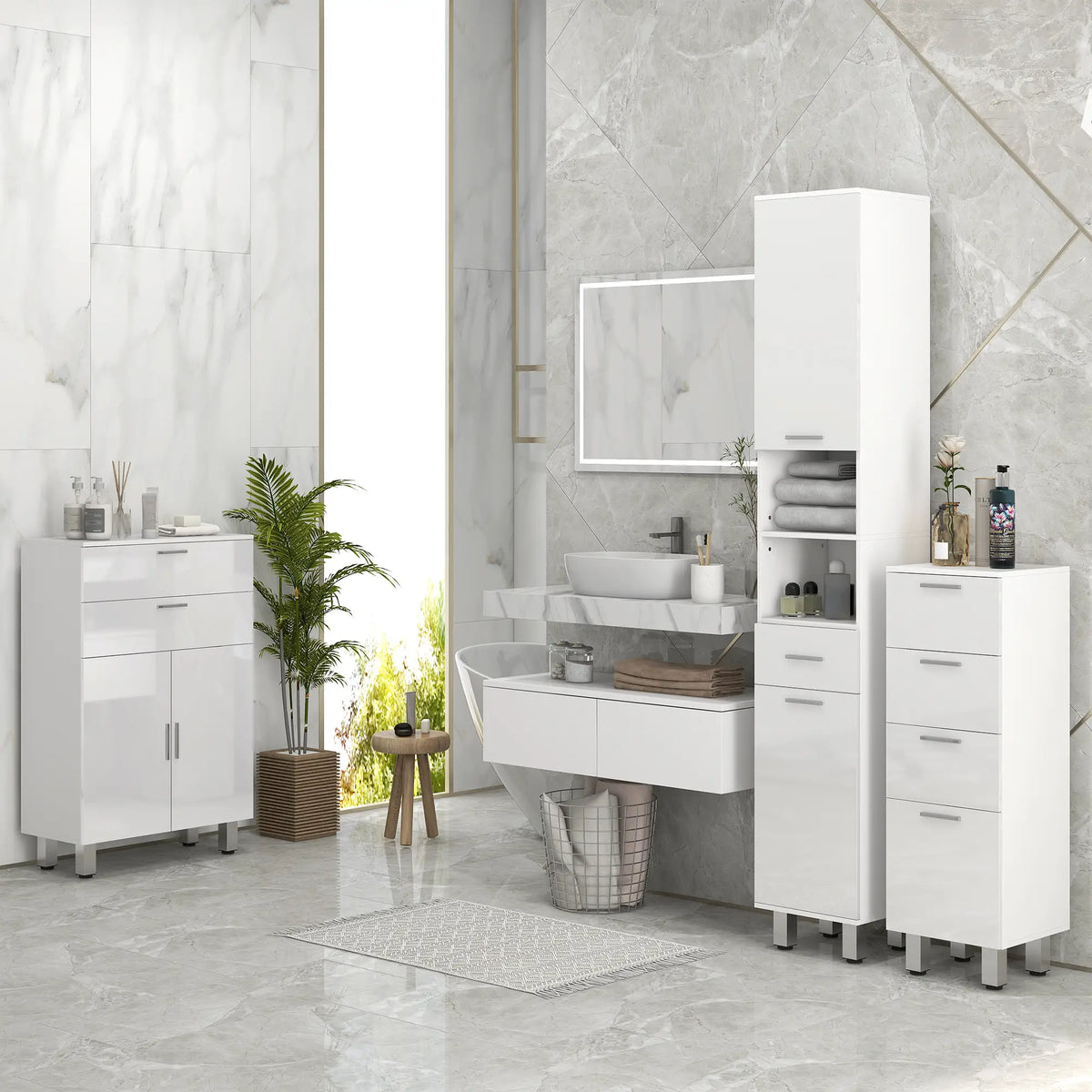 Bathroom Floor Cabinet, 2 High Gloss Drawers, White, White Freestanding Bathroom Cabinets at Gallery Canada