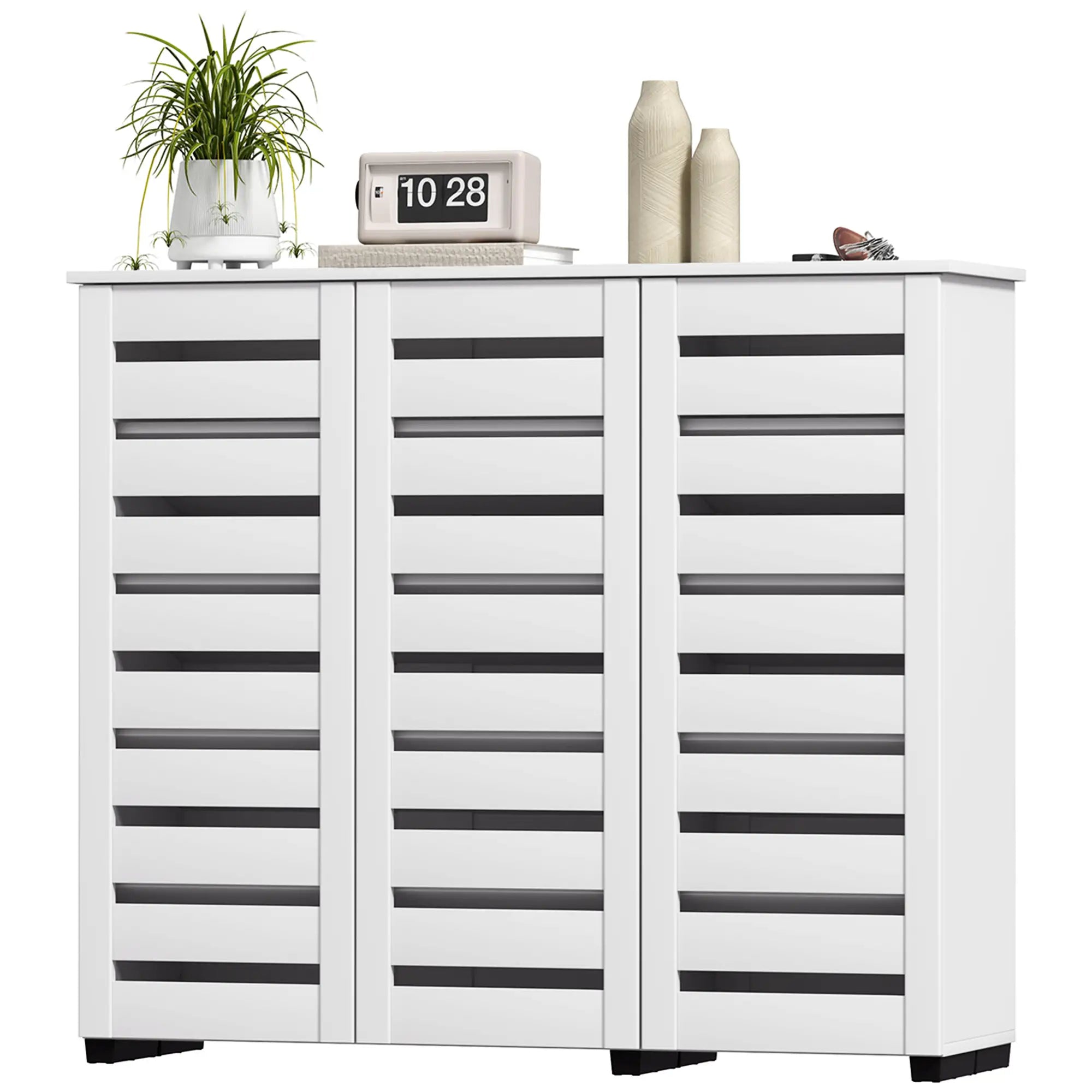 Narrow Shoe Cabinet, Slatted Doors, Adjustable Shelves, 20 Pairs, White Shoe Storage Cabinets & Racks White at Gallery Canada