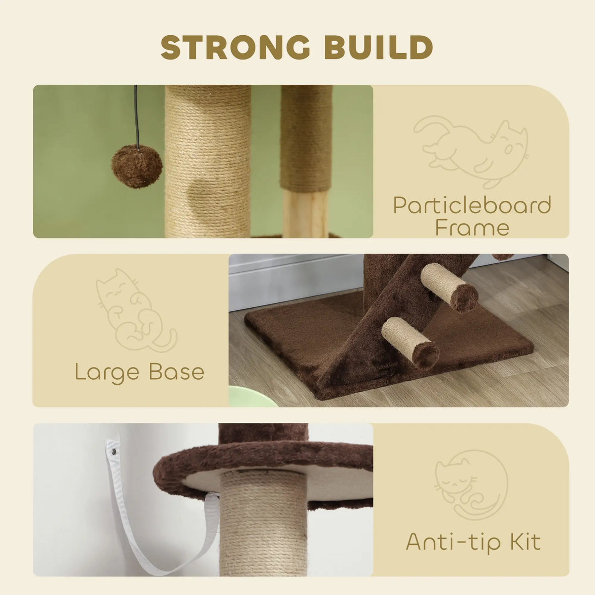 89"-104" Cat Tree with Scratching Post, Cat House, 3-Steps, Hanging Ball, Brown Floor to Ceiling Cat Trees at Gallery Canada