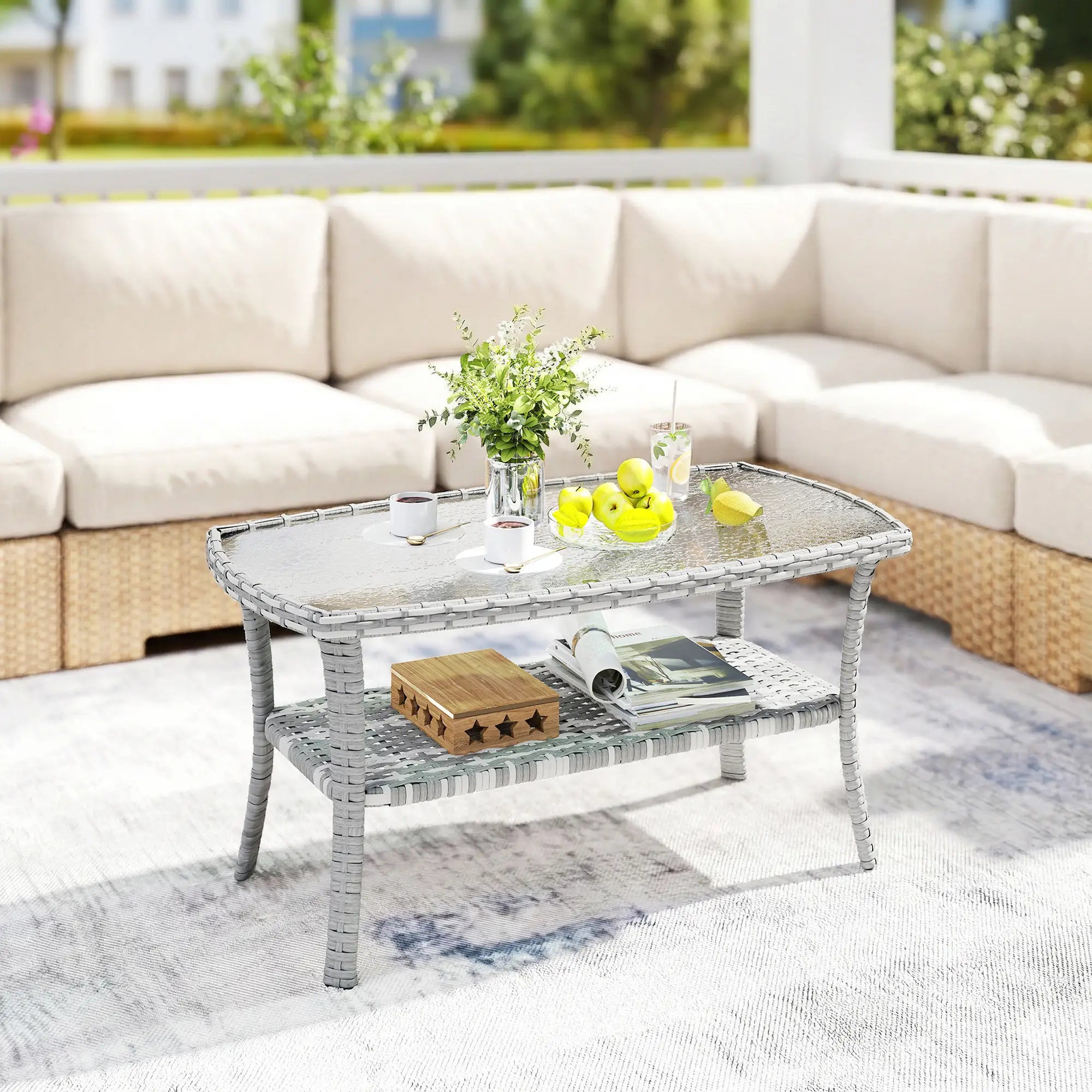 Outdoor Coffee Table With Storage, PE Wicker With Glass Top, Dark Grey Patio Side Tables at Gallery Canada