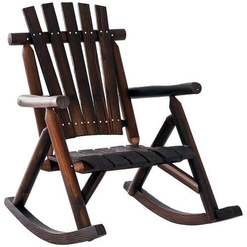 Carbonized Wood Outdoor Rocking Chair, Slatted Seat, High Back, Carbonized