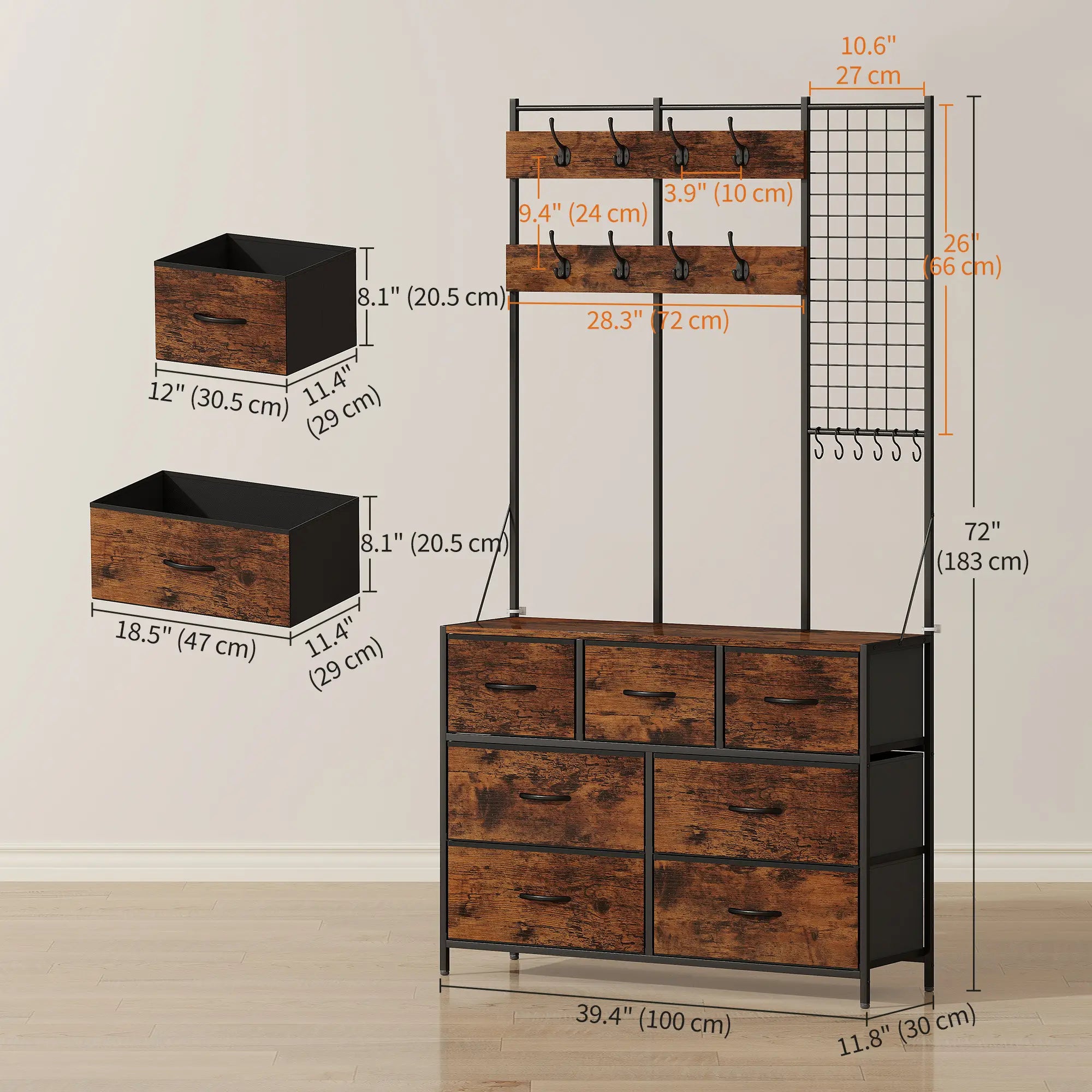 4-In-1 Coat Rack, 7 Drawer Fabric Dresser, Hall Tree 14 Hooks, Rustic Brown Clothing Storage at Gallery Canada