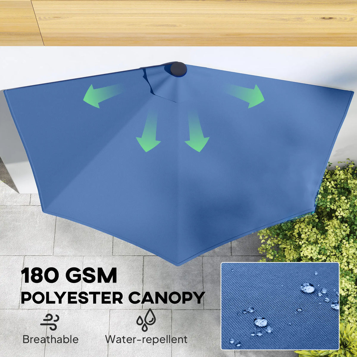 Half Patio Umbrella With Solar LED Lights, Crank, 105.1" x 53.5", Navy Blue Half Round Umbrellas at Gallery Canada
