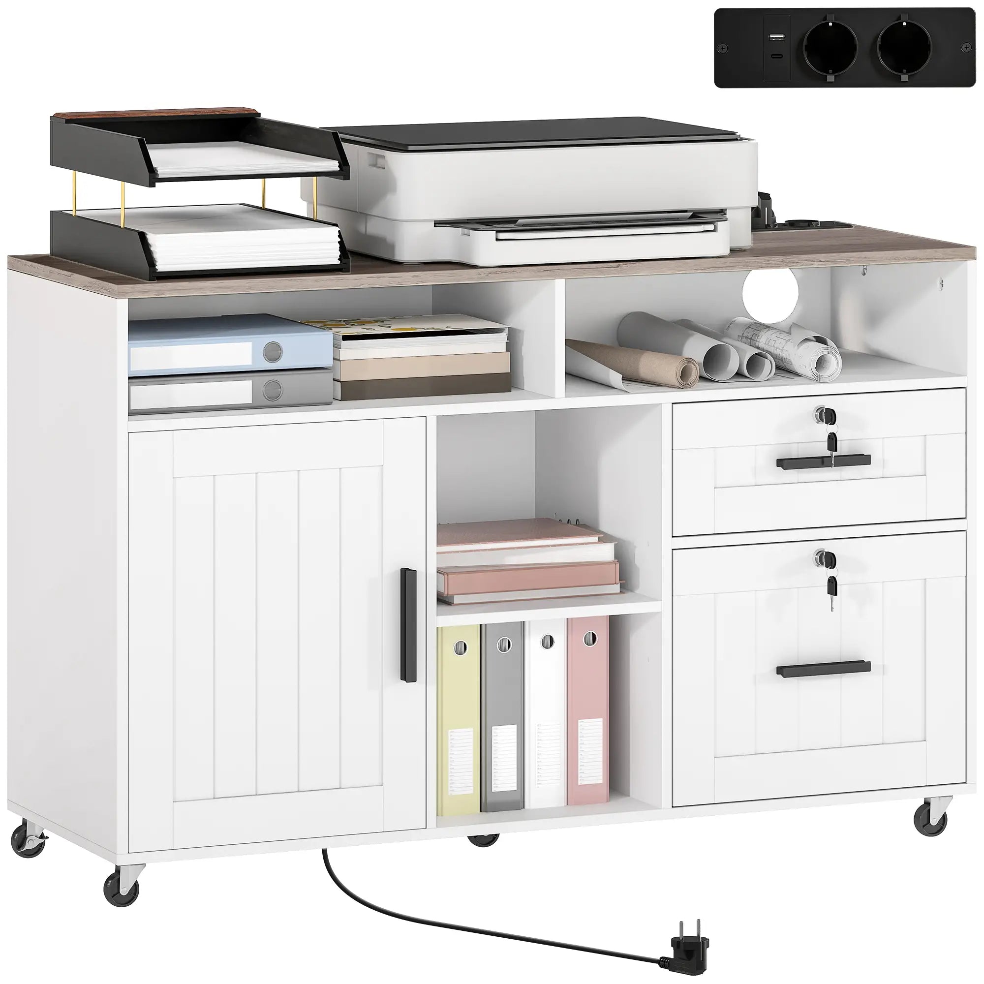 Mobile Printer Stand with Charging Station, Locking Filing Cabinet for A4 and Letter Size, White Office Cabinets & Cupboards at Gallery Canada