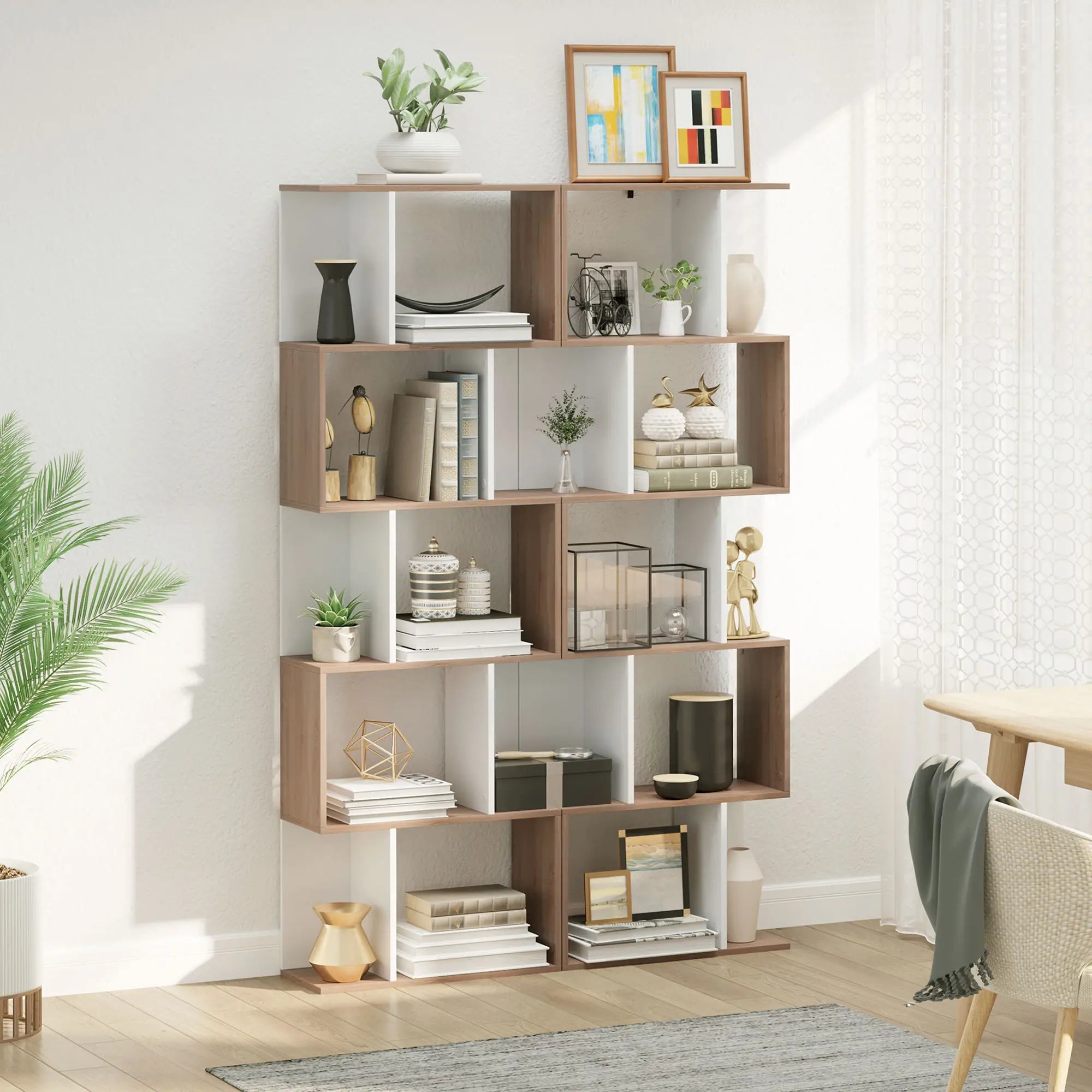 5-Tier Geometric Bookcase, Modern Room Divider, White Display Bookshelves at Gallery Canada