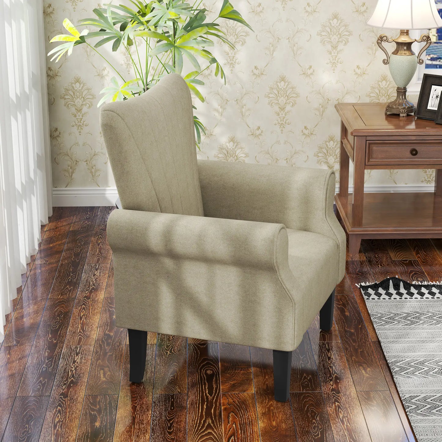Modern Fabric Armchair with Wood Legs, Living Room, Bedroom, Beige Accent Chairs at Gallery Canada