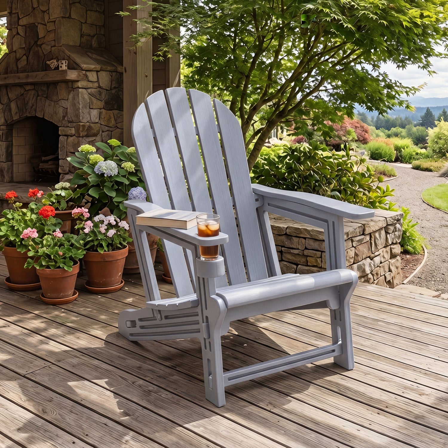 HDPE Adirondack Chair with Cup Holder and Wooden Texture for Patio, Gray Adirondack Chairs at Gallery Canada