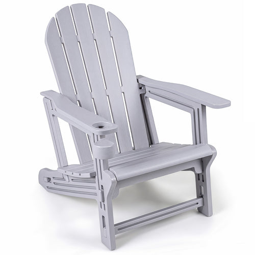 HDPE Adirondack Chair with Cup Holder and Wooden Texture for Patio, Gray