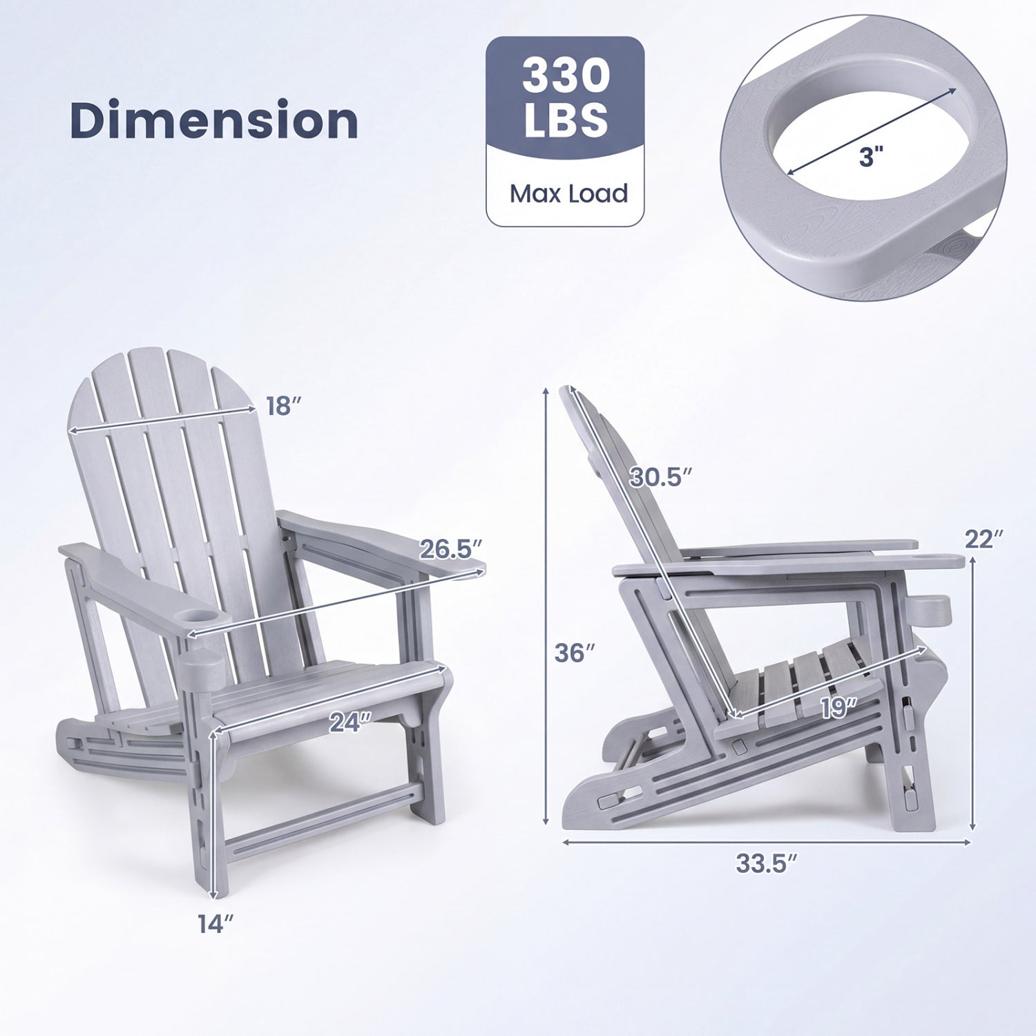 HDPE Adirondack Chair with Cup Holder and Wooden Texture for Patio, Gray Adirondack Chairs at Gallery Canada