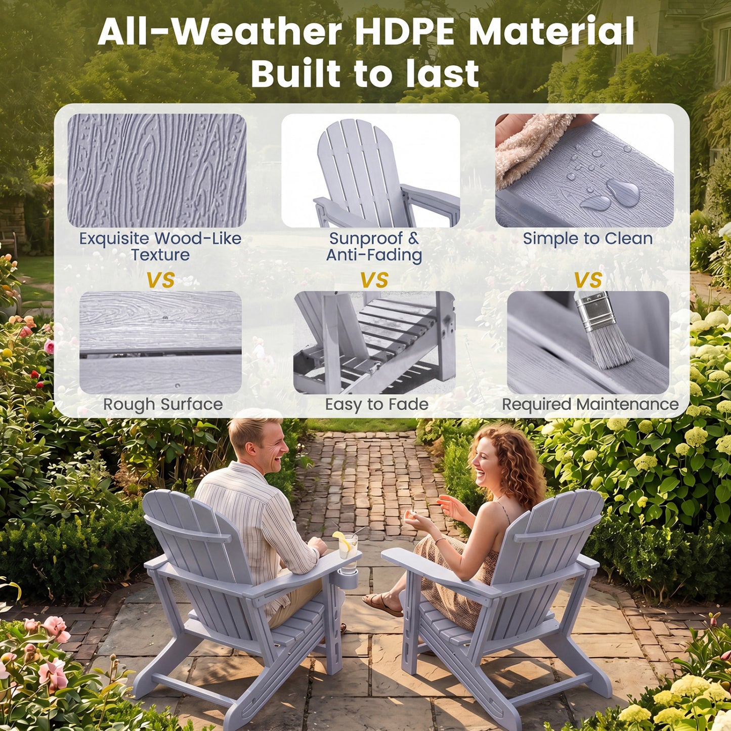 HDPE Adirondack Chair with Cup Holder and Wooden Texture for Patio, Gray Adirondack Chairs at Gallery Canada