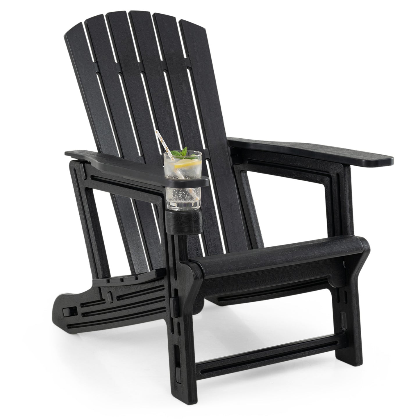 Chaise Adirondack en HDPE, porte-gobelet, aspect bois, noir